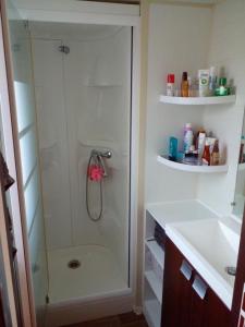 a shower with a glass door in a bathroom at Coin de paradis in La Roque-dʼAnthéron