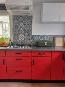 a kitchen with red drawers and a red counter top at Chalet De Maanvaren in Hattemerbroek