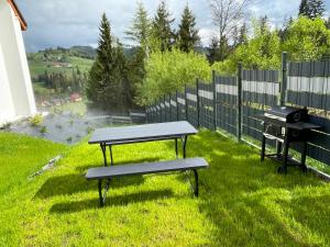 una mesa de picnic y una parrilla en el césped en Willa Jaworzynka 1103 K Istebnej en Jaworzynka