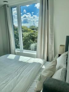 ウォータールーにあるModern Queen Room-Private Bathroomのベッドと大きな窓のある寝室