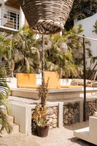 un patio con un montón de plantas y una sombrilla en Hotel Perro Surfero Todos Santos, en Todos Santos