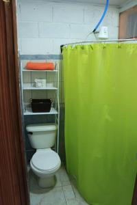 a bathroom with a green shower curtain and a toilet at Cabaña Viento - RiverBeach in Jacó