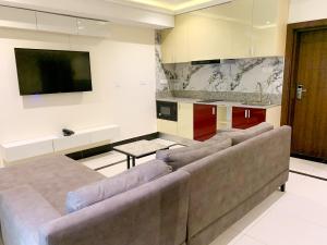 Five Homes Hotel and Apartments في أبوجا: غرفة معيشة مع أريكة وتلفزيون