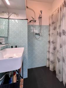a bathroom with a sink and a shower at Civico 19 in Belmonte Piceno