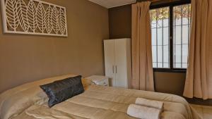 a bedroom with a bed and a large window at Magnifico Departamento En La Ciudad De Mendoza in Barraquero