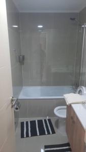 une salle de bains avec douche, toilettes et lavabo dans l'établissement Departamento Centro Chillán con estacionamiento, à Chillán