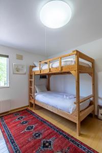 倶知安町にあるChalet Murasakiのベッドルーム1室(二段ベッド2台、ラグ付)