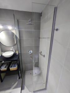 a bathroom with a shower and a sink and a toilet at Emilio es un precioso departamento quinta sección Mendoza in Villa Marini