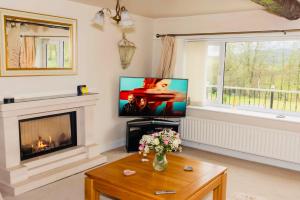 a living room with a fireplace and a tv at Tilly Cottage - overlooking Pendle Hill in Barrowford