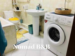 een badkamer met een wasmachine en een wastafel bij Nomad Airport Hostel in Ulaanbaatar