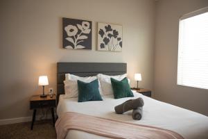 a bedroom with a bed with green and white pillows at Cozy 2B Apartment with great Amenities in the Heart of Cedar Park in Cedar Park