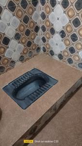 a blue toilet in the floor of a bathroom at Shivlok guest house Ujjain in Ujjain