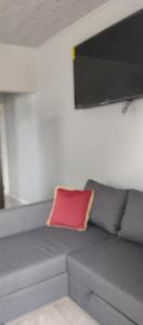 ein rotes Kissen auf einer grauen Couch in der Unterkunft Backstreet BNB in Union Island