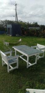 einen Picknicktisch und zwei weiße Stühle auf einem Feld in der Unterkunft umidaisyou-海大将- 