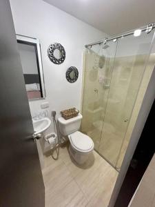 a bathroom with a shower and a toilet and a sink at Lindo apartamento de 3 habitaciones in Cúcuta