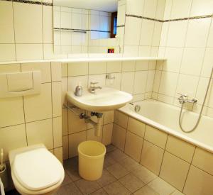 a bathroom with a sink and a toilet and a tub at Chalet Heimeli in Saas-Fee