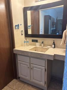 baño con lavabo y espejo grande en Habitación Roble, en Saltillo