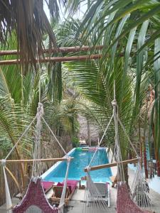 a resort with a pool with hammocks and palm trees at El Puente in El Paredón Buena Vista