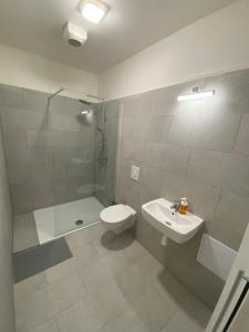 a bathroom with a toilet and a sink and a shower at MINATO Apartments Ostrava center in Ostrava
