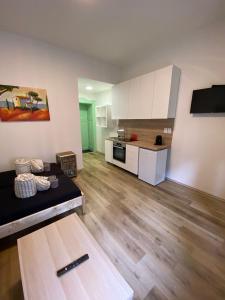 a living room with a couch and a kitchen at MINATO Apartments Ostrava center in Ostrava