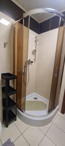 a shower with a glass door in a bathroom at APARTAMENT z kuchnia Białka Tatrzańska in Białka Tatrzanska