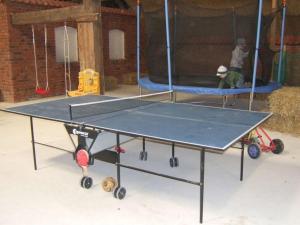 - une table de ping-pong dans une tente avec un homme assis sur elle dans l'établissement Windrose Comfortable holiday residence, à Norddeich