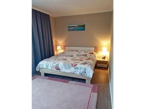 a bedroom with a bed and two lamps and a rug at Carlo Comfortable holiday residence in Juliusruh
