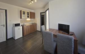 - une cuisine avec une table et des chaises en bois dans la chambre dans l'établissement Luca Apartman, à Sopron