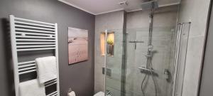 a bathroom with a shower and a glass shower stall at Ferienwohnung am Bibelgarten Sophia in Werlte +18 photos