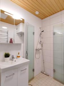 a bathroom with a shower and a sink and a shower at Huoneisto Puusatama, Joensuu in Joensuu