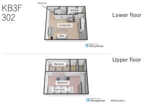 two views of a floor plan of a house at Koti Sopo Universal Bay 2 by Liaison in Osaka