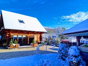 Cabaña de madera con nieve en el suelo en Domek-Górska Przystań en Ustrzyki Dolne