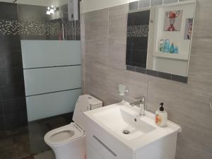 Nicosia rest and relax 1 bedroom apartment في نيقوسيا: حمام مع حوض أبيض ومرحاض