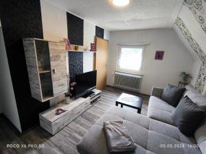 ein Wohnzimmer mit Couch und Fernseher in der Unterkunft Haus Kunterbunt in Mehlingen