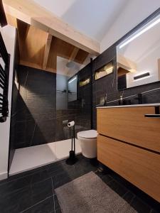 a bathroom with a toilet and a glass shower at Casa das Flores in Bragança +20 photos