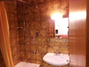 a bathroom with a sink and a shower at Hotel Schuster in Colle Isarco