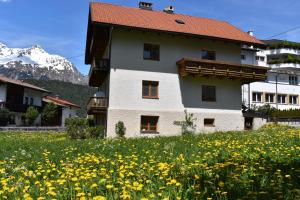 a house in a field of flowers with a mountain at Hirschstube Nauders in Nauders