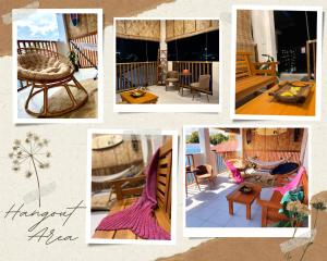 a collage of photos with furniture and words happy aloha at Sunny Terrace in Baler