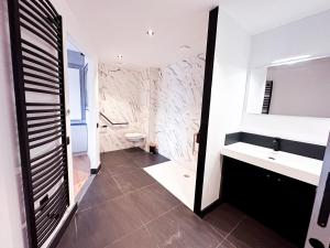 ein Bad mit einem Waschbecken und einem Spiegel in der Unterkunft Mr.Bernard Vakantie Appartementen in De Panne