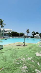 a large swimming pool with blue water and palm trees at La vie en rose: piscine et vue mer in Le Gosier