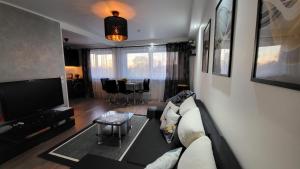 a living room with a couch and a tv at Mini-spa apartment in Haapsalu