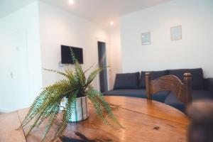 a wooden table with a plant on top of it at L'Etape - La Maison des amis in Tours