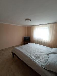 ein Schlafzimmer mit einem weißen Bett und einem Fenster in der Unterkunft Hotel Giurgiulesti 