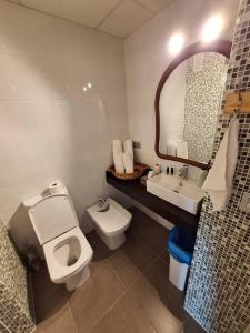 a bathroom with a toilet and a sink and a mirror at Castellon, Moncofar playa in Moncófar