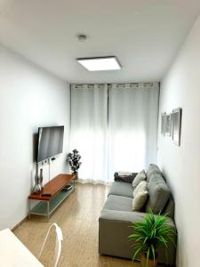 un salon avec un canapé et une télévision à écran plat dans l'établissement RelaxMaria, à Sant Carles de la Ràpita