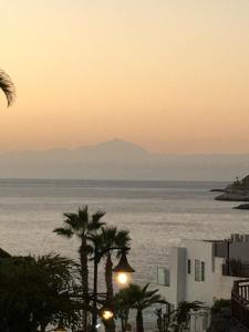 una vista del océano al atardecer con palmeras en Casa del Sol en Mogán