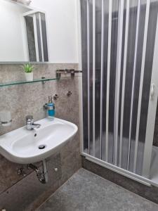 un baño con lavabo y ducha en Bungalow Loos, en Butjadingen