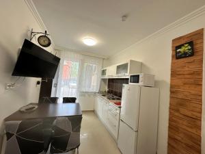 a kitchen with a white refrigerator and a counter top at Wellness Dorina in Siófok