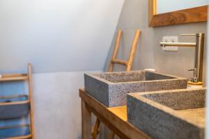 two concrete sinks in a bathroom with a mirror at Vakantiehuis Braembeyerhoek in Bruges +36 photos