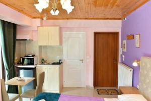 a kitchen with purple walls and a white door at TOKASTRO 1 in Arachova